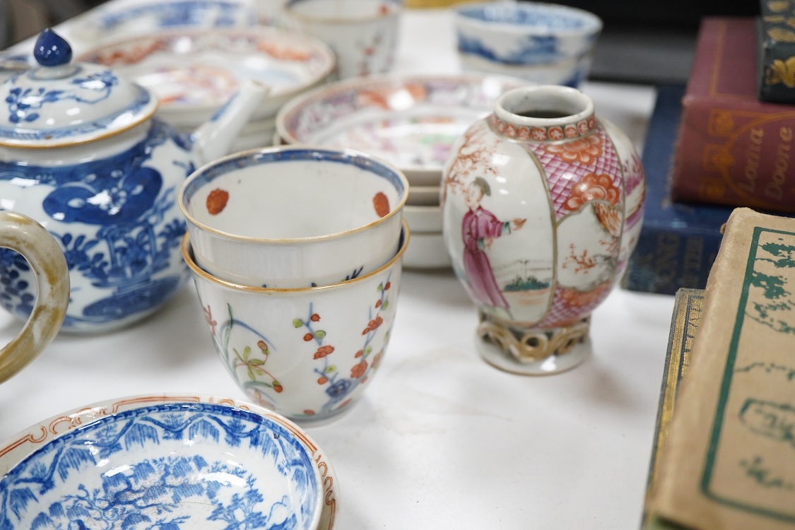 A group of 18th century Chinese export porcelain tea and coffee ware, including Mandarin pattern teapot and cover, two coffee cups and saucers, a blue and white teapot and cover various famille rose coffee cups, etc.